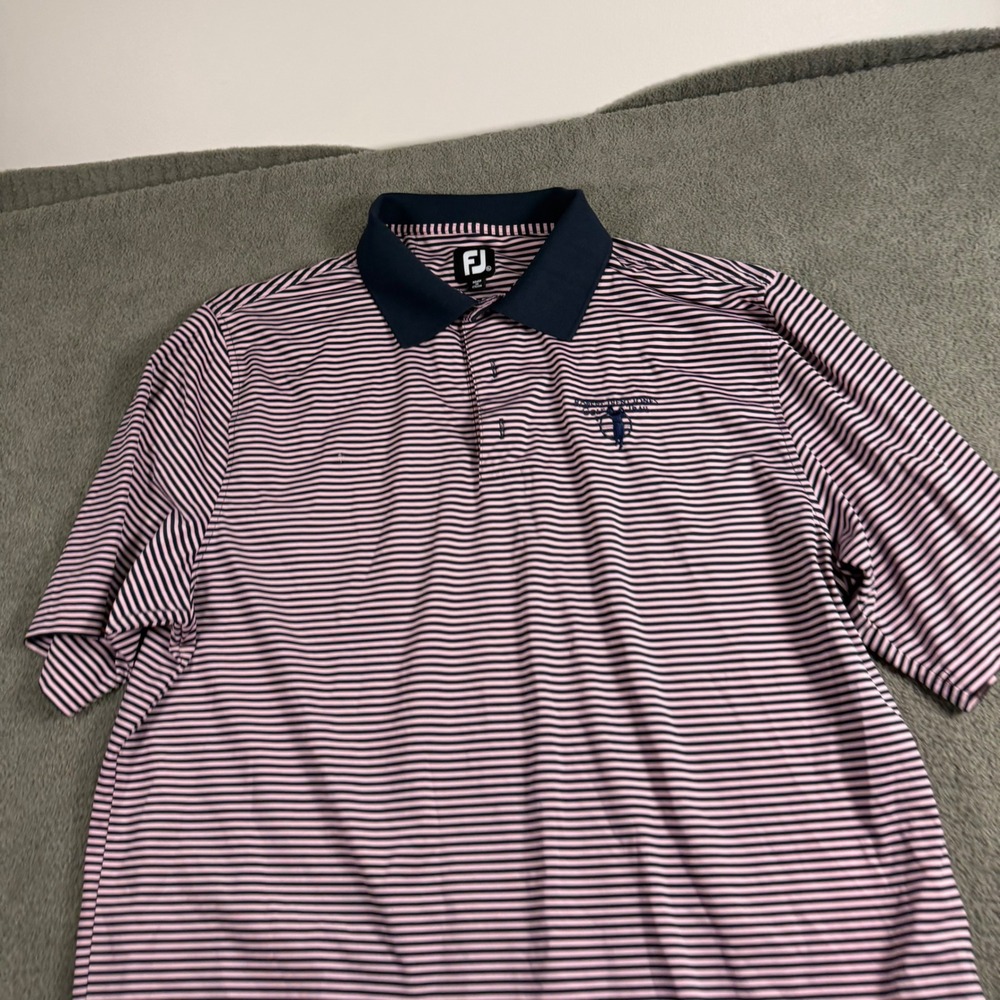 FootJoy ProDry Mens XL Polo Shirt Pink Navy Stripe Robert Trent Jones Golf Trail